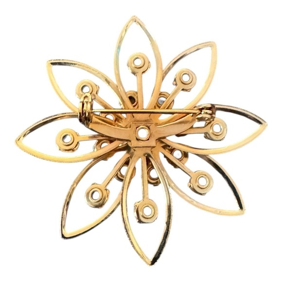 Vintage Atomic Flower Star Brooch AB Prong Set Rhinestones Gold Tone Floral Pin - Picture 2 of 2